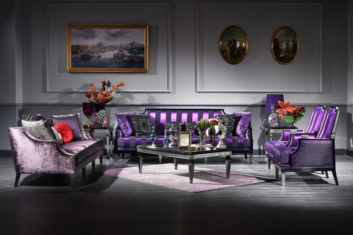 Casa Padrino Luxury Baroque Living Room Set Purple / Black / Silver - 2  Sofas &amp; 2 Armchairs &amp; 1 Coffee Table &amp; 2 Side Tables - Baroque Furniture | within Purple Living Room Furniture